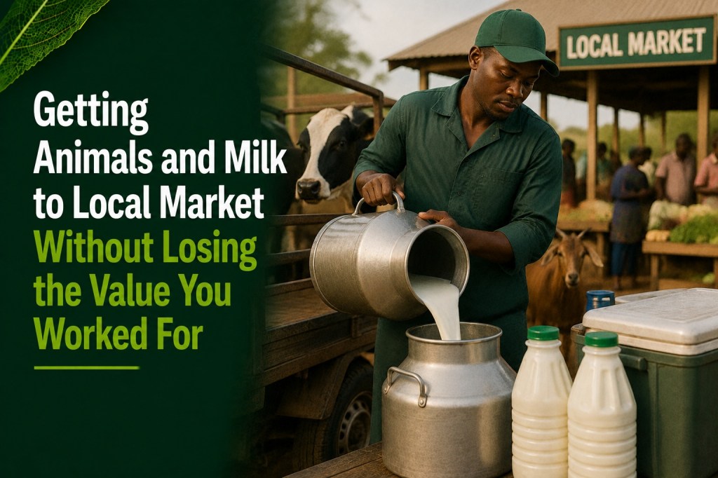 Milk churns and livestock being moved along a local transport route, illustrating farm-to-market cold chain logistics