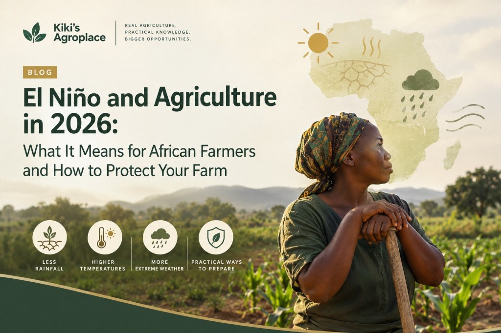 African woman farmer leaning on a hoe in a maize field, with an Africa map showing heat and rain: El Niño and agriculture
